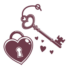 Heart Shaped Padlock with Vintage Key and Floating Hearts Illustration
