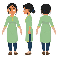 Young Indian Girl Character Full Views Vector