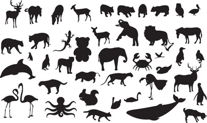 Wild Animal Silhouettes Vector Set &ndash; Wildlife, Jungle, Safari, Lion, Elephant, Giraffe, Bear, Fox, Forest, Mammal, Animal Pack, Black, Nature, Zoo, Graphic