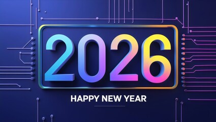 Happy New Year 2026 | Colorful Tech-Inspired Greeting on Blue Circuit Board Background