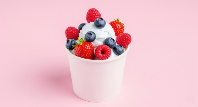  Ice Cream with Berries in White Cup. A white paper cup is filled with scoops of white ice cream. The ice cream is topped with fresh berries: sliced strawberries, raspberries, and blueberries. 