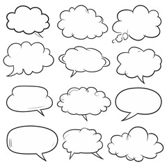 Twelve Hand-Drawn Irregular Speech Bubbles, Blank, Comic Style