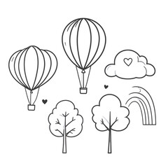 Whimsical Landscape with Balloons, Trees, Cloud, and Rainbow Outline