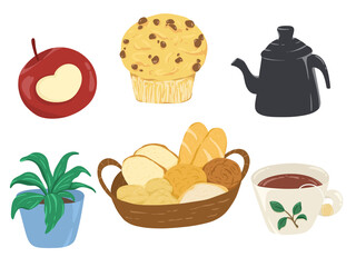 set of tea and sweets. set of afternoon tea. apple. teapot. plant. tea. cupcake