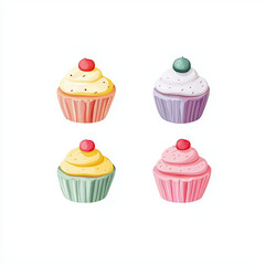 Colorful Cupcakes in Flat Illustration Style on a White Background