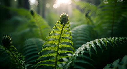 Fototapeta premium Fern unfurling in a forest with sunlight shining through