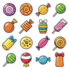 Colorful Cartoon Candy Icons Set with Lollipops and Sweets
