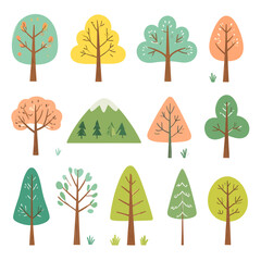 A charming collection of stylized, hand-drawn trees and a snow-capped mountain, illustrated in a simple, flat design with pastel colors.