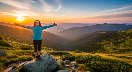 Obraz premium Woman stands on rock with arms outstretched at sunset view