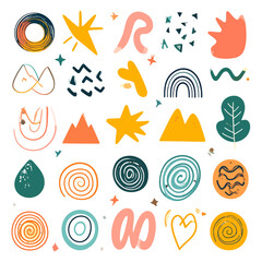 Colorful set of hand-drawn abstract shapes, doodles, and symbols. Modern design elements with organic textures and playful forms.