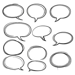 Hand-Drawn Speech Bubbles: Black Outlines, Various Shapes, Communication Elements