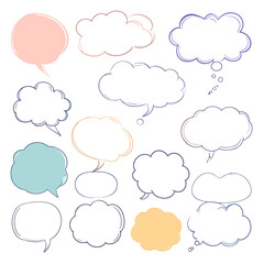 A collection of hand-drawn speech and thought bubbles in various sketchy styles. Colorful pastel doodle comic balloons and dialog boxes.