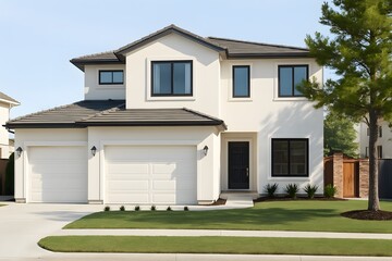 Modern white stucco house with black framed windows and dark front door modern house