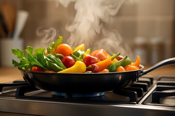 Vibrant Vegetables Sizzling in a Pan cooking stove