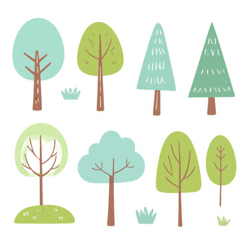 Fototapeta A charming collection of stylized doodle trees and bushes in soft pastel green and blue hues.