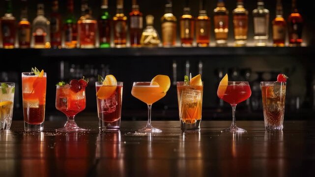 Several cocktails lined up on a bar counter, ready for serving.