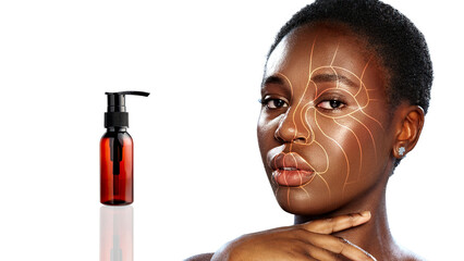 Skincare routine featuring a model applying product on her face with serum bottle in studio setting