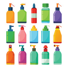 Set of Colorful Cosmetic and Toiletry Bottles with Pump and Spray Dispensers
