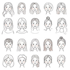 Collection of Hand-Drawn Smiling Female Faces with Various Hairstyles and Expressions