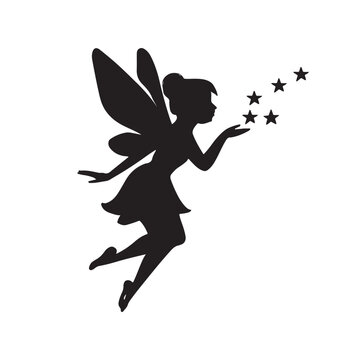 Fairy Silhouette Vector Graphic, Magical Tinkerbell-like Figure with Stars, Fantasy Character Icon.