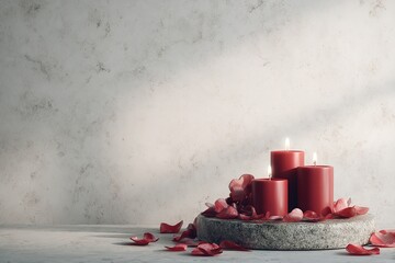 A minimal mockup presentation with three unlit red candles arranged with precision on a textured stone base, accompanied by scattered faux petals and resin hearts