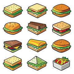 Cartoon Sandwich and Burger Icon Set with Colorful Doodle Style
