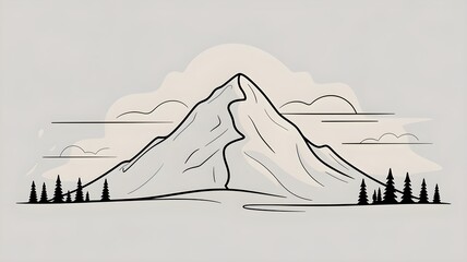 Simplified Serenity: Mountain Peak with Clouds and Pine Trees