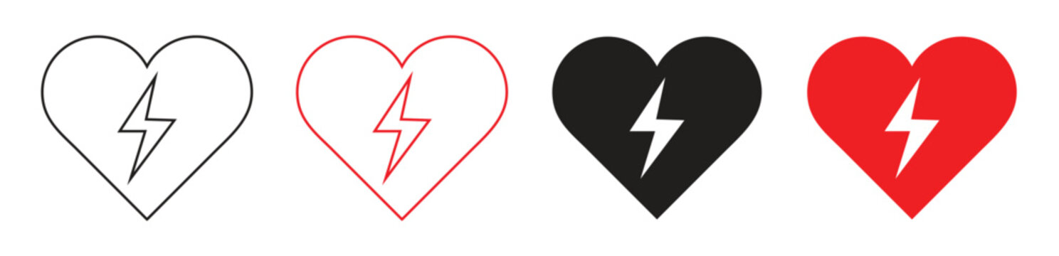 Heart Lightning Bolt Icons &ndash; Love Power Symbols in Red, Black, and Outline Set