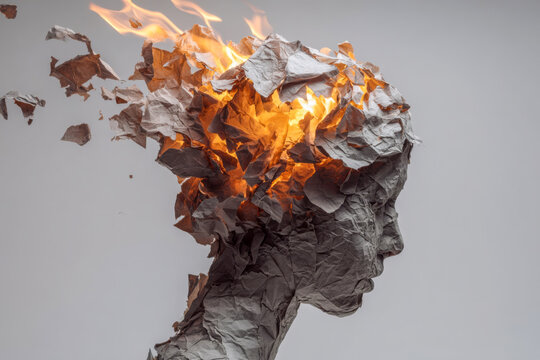 Burning paper human head sculpture symbolizing stress, burnout, mental overload and creativity explosion with dramatic fire and fragments