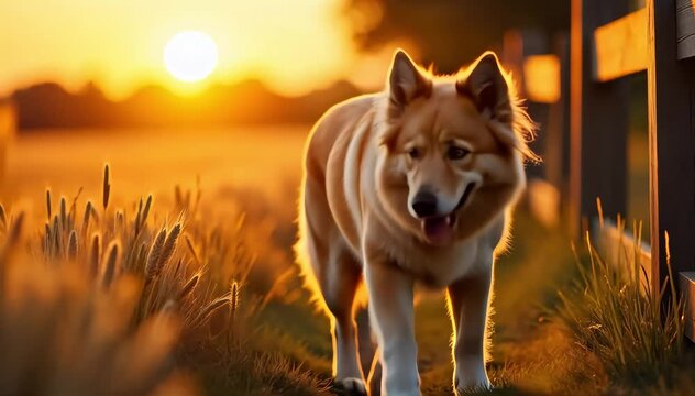 Keeshond walking gently beside a wooden fence