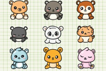 Fototapeta premium Cute cartoon bears with various expressions on a grid background