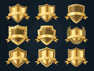 Collection of nine ornate golden shields with ribbons and laurel wreaths