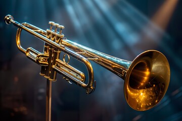 A brass trombone positioned on stage, with its shining surface gleaming under a spotlight. 