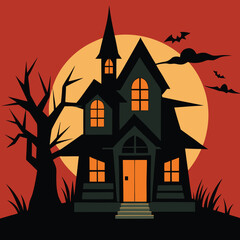 Haunted House Illustration with Full Moon, Bats, and Spooky Tree on Red Background
