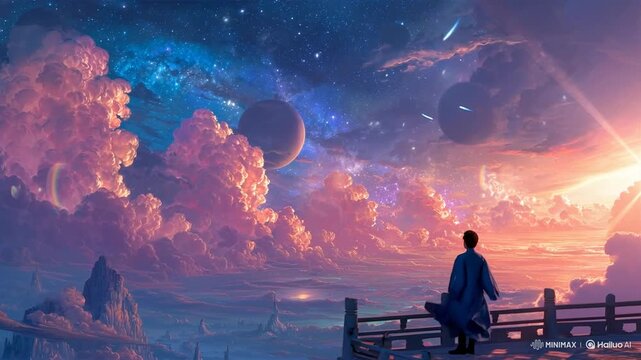 Amanecer celestial sobre monta&ntilde;as y templo con cielo de fantas&iacute;a &ndash; Animaci&oacute;n