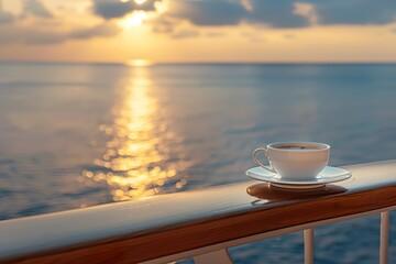 A peaceful morning scene on the cruise shipâ€™s balcony, with a fresh cup of coffee and soft sunlight shining on the calm ocean