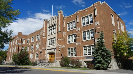 Naklejka premium Historic westmount park elementary school exterior on sunny day – educational architecture building facade