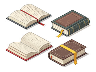 Collection of four antique and open books with bookmarks in isometric view
