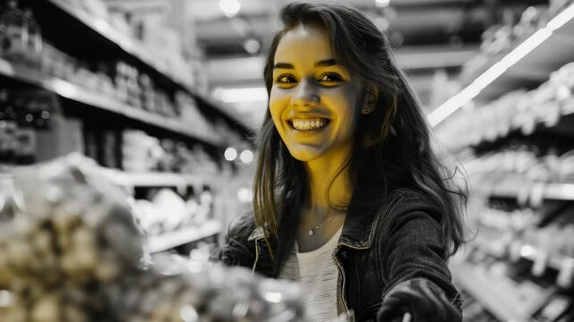 Smiling woman in supermarket, happy shopping experience, friendly consumer, retail lifestyle. - Powered by Adobe