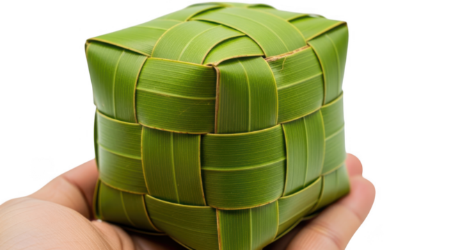 Hand holding a traditional woven rice cake isolated on transparent background