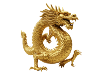 A majestic, opulent golden dragon sculpture with intricate, gleaming scales and sharp claws, isolated against a pristine, transparent background with ample copy space, uniform, bright, shadowless
