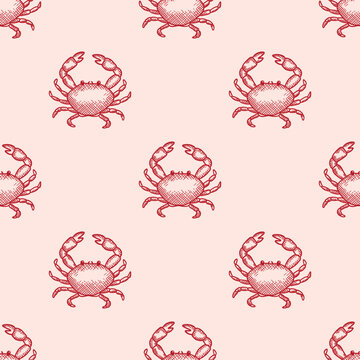 Marine seamless pattern of crab with claws. Elegance design of crawfish with pincers. Underwater animal, seafood. Ocean crustacean. Summer print for fabric, wallpaper, wrapping paper
