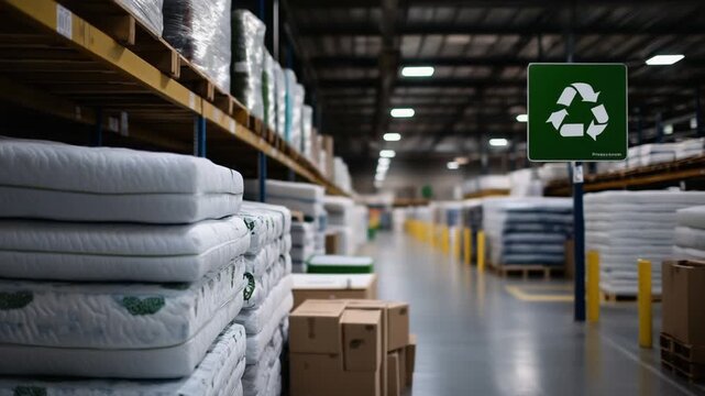 Eco-friendly storage facility featuring green signage, promoting sustainable recycling with stacks of reusable mattresses.