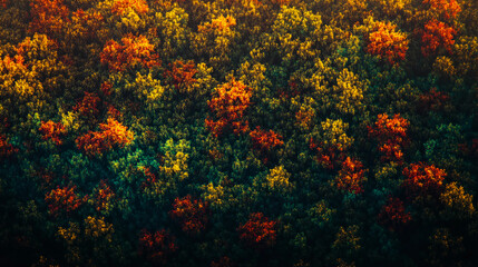 A dense forest bathed in golden hour light transit