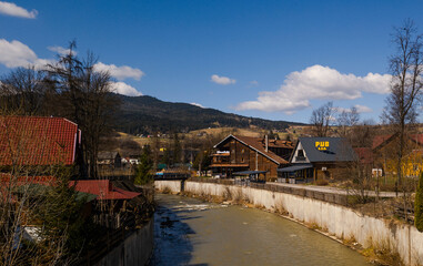 River Shopurka flowing through mountain village in Western Ukraine