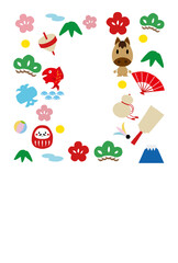 馬キャラクターと縁起物の年賀状イラスト
