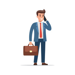 Confident Professional in Business Suit: A distinguished gentleman, impeccably dressed in a tailored business suit, engages in a phone conversation while clutching a briefcase.