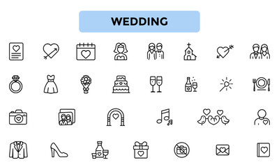 Wedding Line Icons – Minimalist Icons for Marriage, Ceremony, Love, Bride & Groom, and Celebration Design Projects