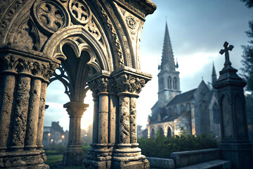 Old gothic architecture with detailed carvings and moody dramatic lighting