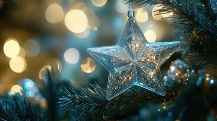 Glass star decoration glowing on Christmas tree